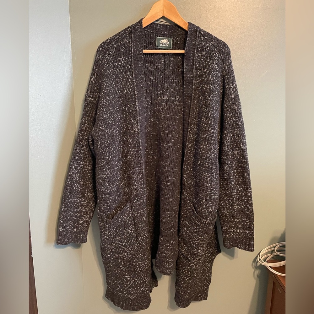 Size XL Roots Long Line Open Front Duster Cardigan Black Knit Sweater Pockets
